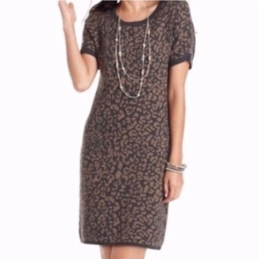 Loft Medium Dress Animal/Cheetah Print Brown Short Sleeve Casual Chic Cotton